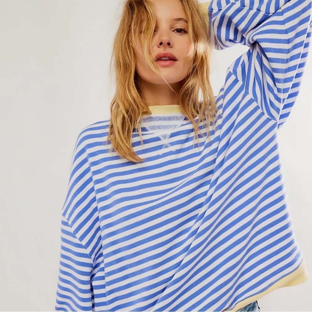 NWOT Free People- Classic Oversized Crew Neck Sweater- in Cobalt Combo color